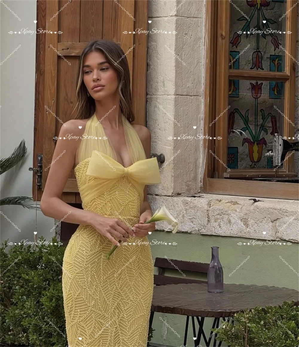 XPAY – robe de soirée sirène jaune, col licou, charmante, Sexy, avec nœud de perles, personnalisée, nouvelle collection