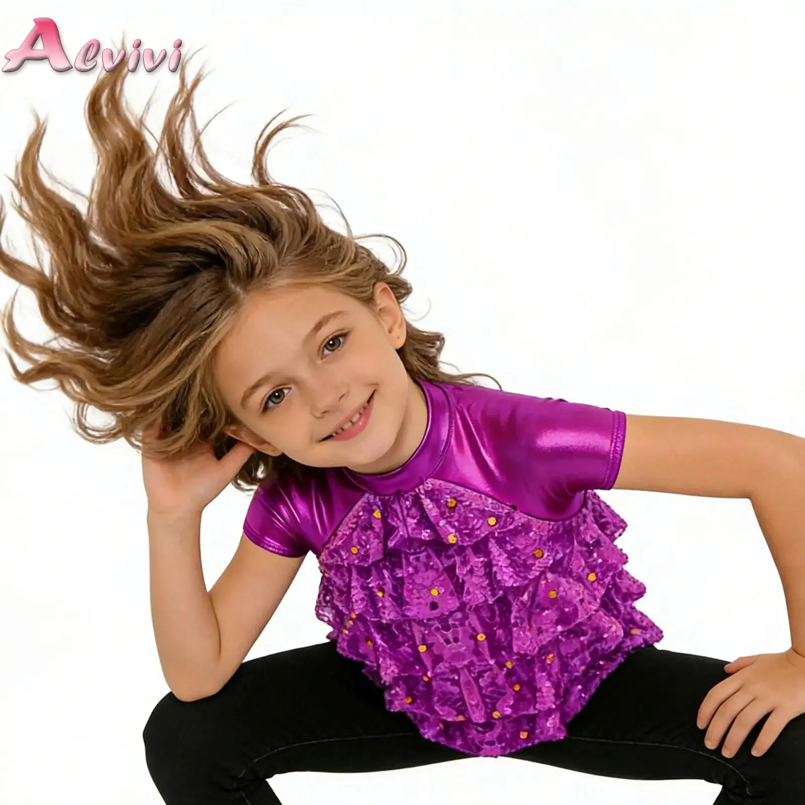 Kids Girls Metallic Glossy T Shirts Tops Streetwear Kids Girls Sequins Crop Top T-shirts Fashion Jazz Stage Performance Costume