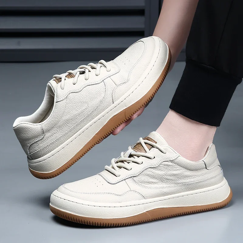 Summer Men's Mesh Shoes Genuine Leather Fashion Lace-Up Casual Flat Non-Slip Sneakers Men