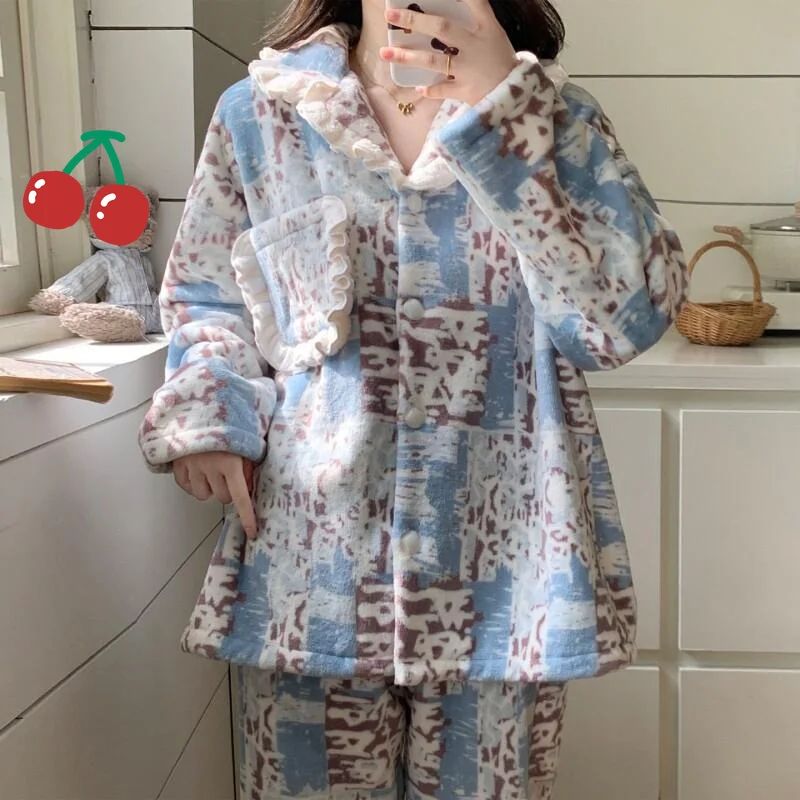 

Korean Style Women's Flannel Pajama Set Fleece Lined Winter Warm Sleepwear Cozy Comfortable Coral Fleece Homewear Autumn