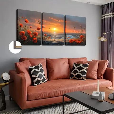 3 Panel Frame Minimalism Canvas Wall Art - Orange-red sunset on the calm sea，12x16 and 40.64x60.96，Living Room、Modern home de