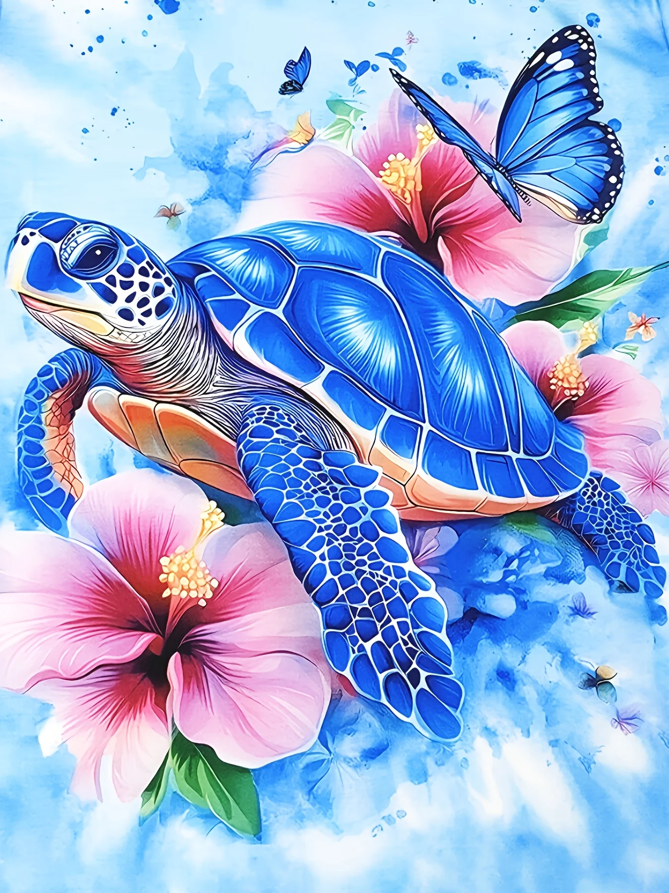 Light Blue Women's Tee - Blue Turtle & Hibiscus Graphic, Tropical Beach Print Design for Casual Daily Wear view 5