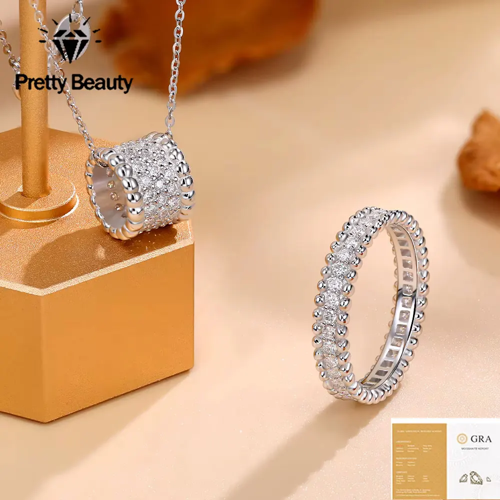 Pretty Beauty Beaded Edge Moissanite Jewelry Set for Women S925 Silver Barrel Pendant Necklace and Full Eternity Band Ring Set