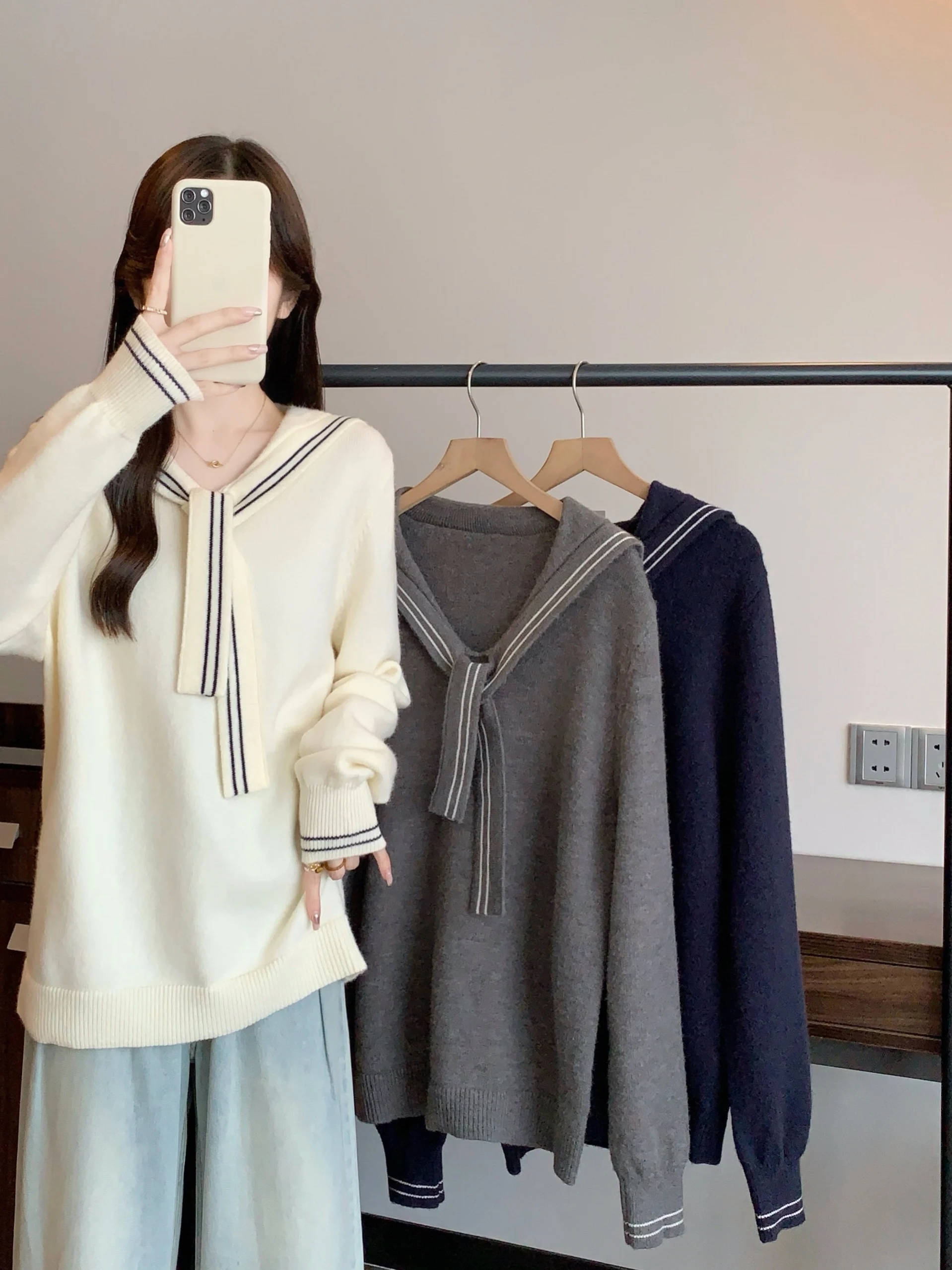 

Вязаный свитер College Sle Темно-синий воротник ort Long Sve Slim Fit Korean Faion Осень Зима Новое поступление Молодежный топ