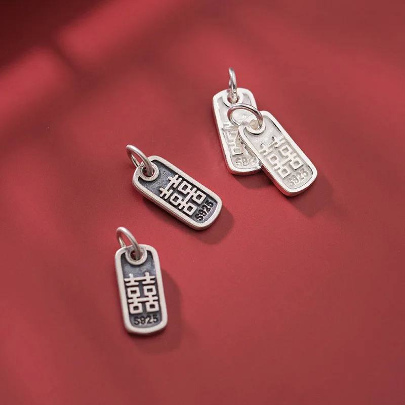 

1pc 925 Sterling Silver Vintage Rectangle Tag Blessing Double Happiness Charms Entire S925 Silver Necklace Pendant DIY Jewelrys