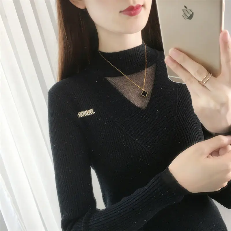 Korean Skinny Lace Spliced Women Clothes Hollow Out Sexy Half Height Collar Sweaters High Strech Metal Brooch Decorate Knitting