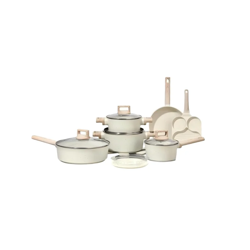 Eco-Friendly Beige Die-Cast Aluminum 20-Piece Non-Stick Cookware Set Induction Ready Oven Safe Glass Lid Kitchen Tools