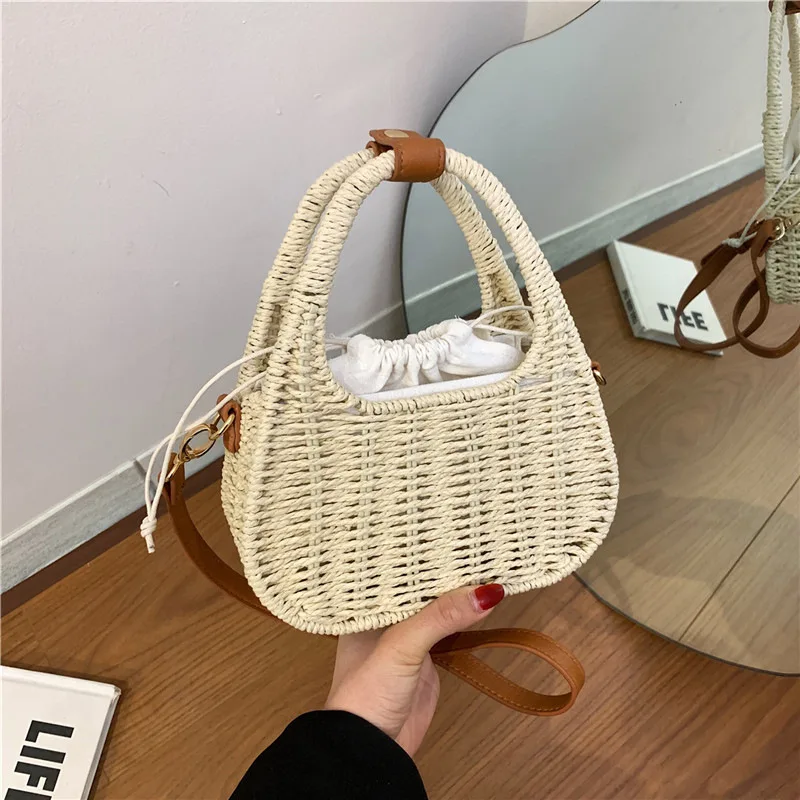 Bolsa de tecido de palha retrô simples para senhoras, bolsa de ombro única, crossbody, design de nichos, moda férias, casual, nova, verão, 2024