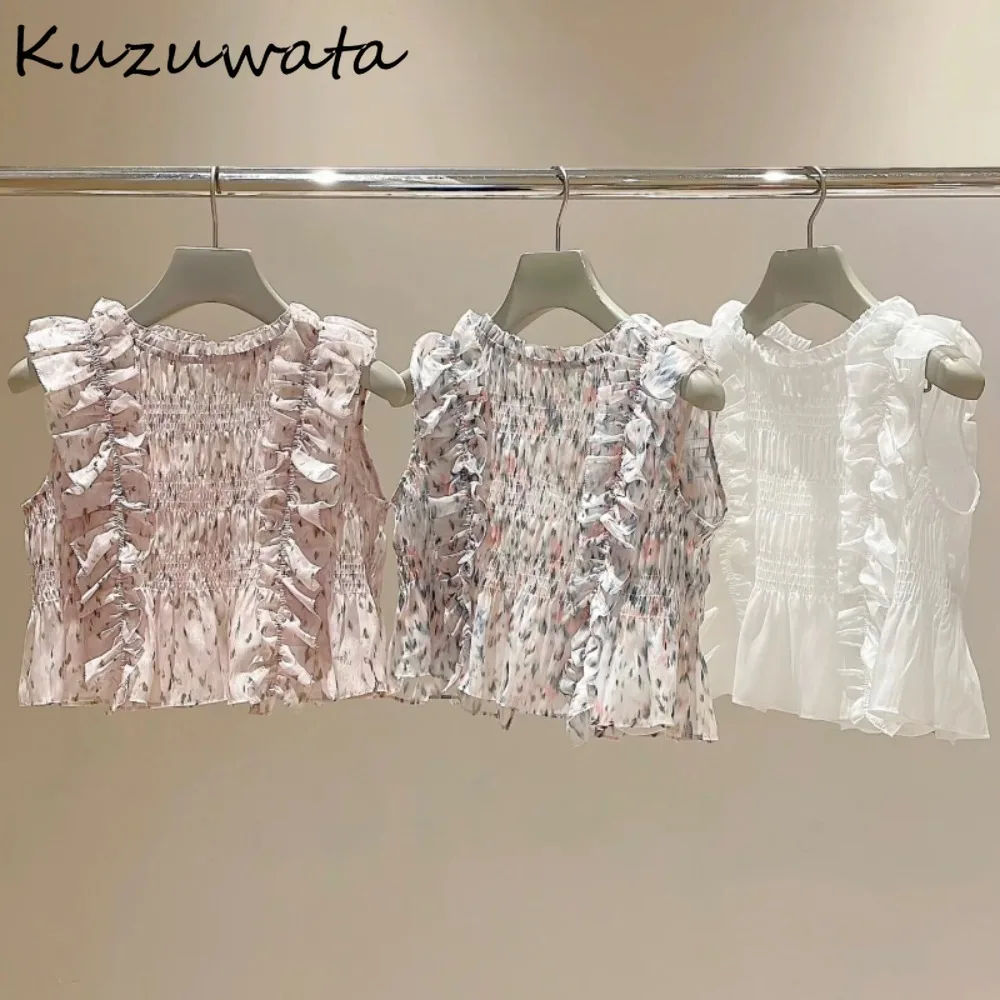 Kuzuwata Sweet O Neck Sleeveless All-match Print Shirt Fungus A-line Pullover Bow Casual Blouses Japan New Fashion Mesh Blusas