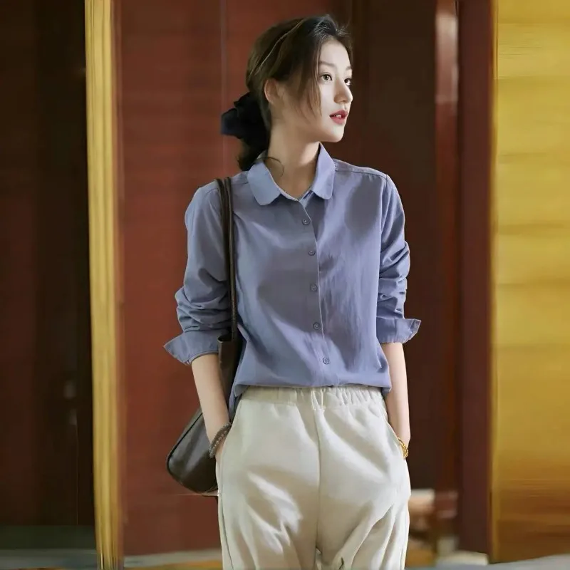 

Женская однотонная рубашка из льняной смеси, повседневная, свободного кроя, с длинными рукавами, на пуговицах