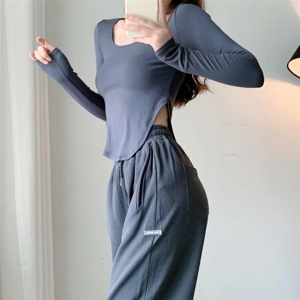 YPFF المرأة سليم صالح بأكمام طويلة تي شيرت مشروط بلون تمتد قوس أسفل مثير الساخن فتاة نمط أعلى لخريف شتاء