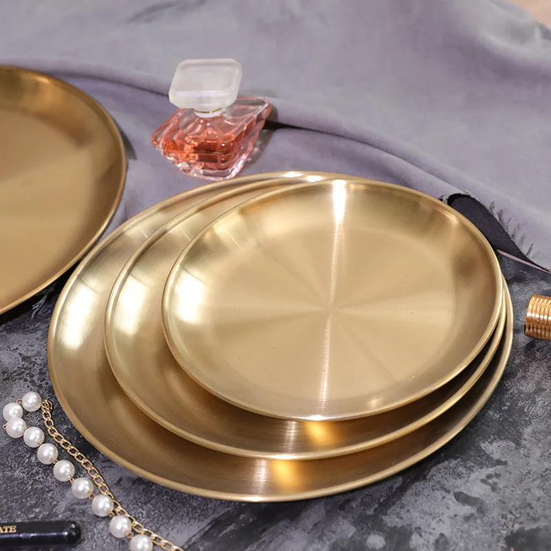 Golden Round Storage Plate for Jewelry and Cosmetics, Metal Pallet, European Desktop Decoration Tray