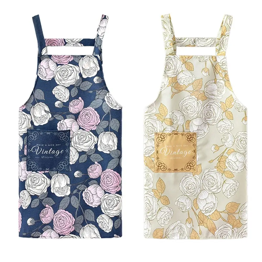 Rose Print Women Kitchen Aprons Anti fouling Wear Resistant Adult Waist Aprons Cotton Soft Restaurant Work Clothes