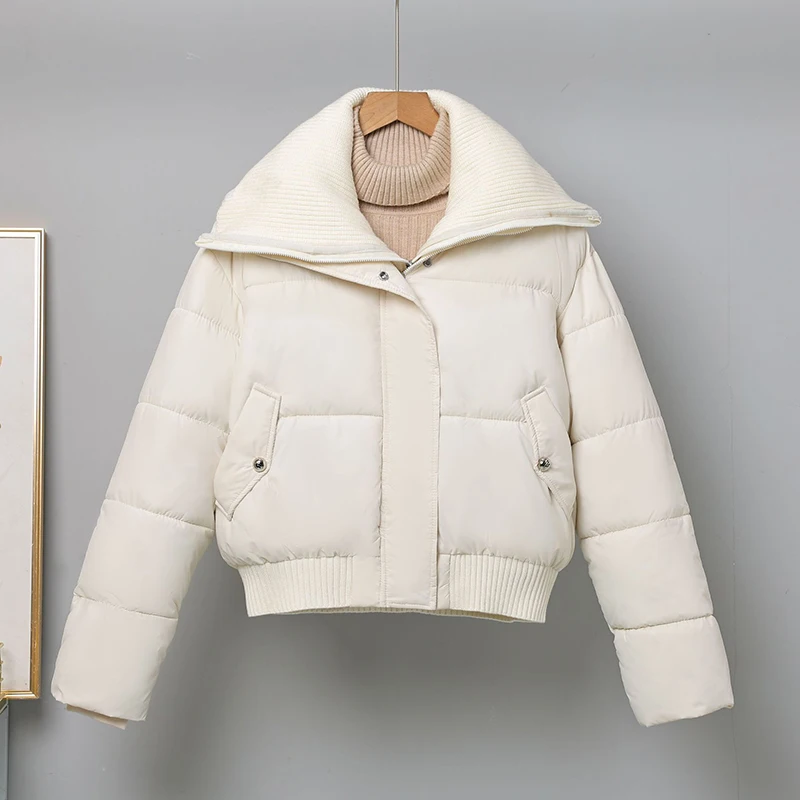 Fashion Knitted Splicing Lapel Collar Winter Coat 2025 Women's New Solid Color Thicken Short Parkas Jacket Lady Cotton Outerwear