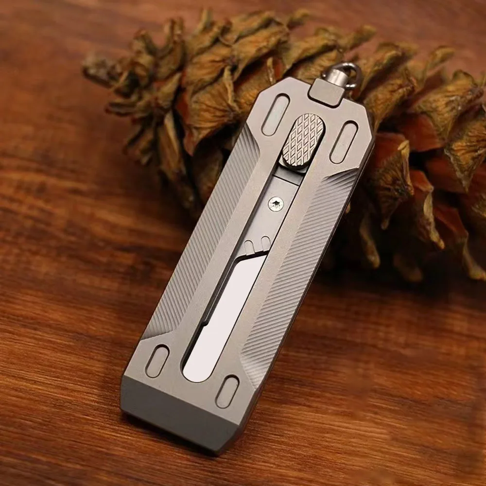 Titanium Alloy Utility Knife Keychain Mini Sliding Blade Knife EDC Small Box Cutter Portable Replaceable SK5 Blade Pocket Knives