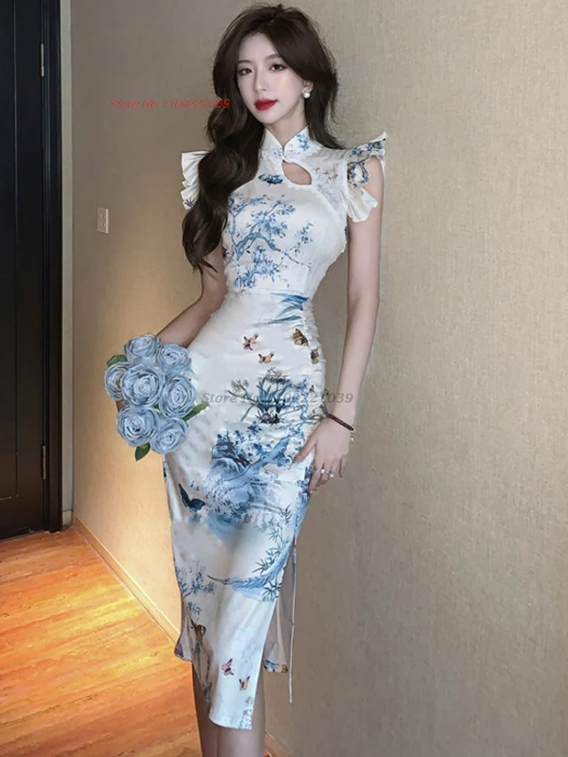 

Китайское сексуальное платье 2021, Cheongsam с цветочным принтом, вечернее платье в восточном стиле, традиционное китайское сексуальное платье Ципао для ночного клуба