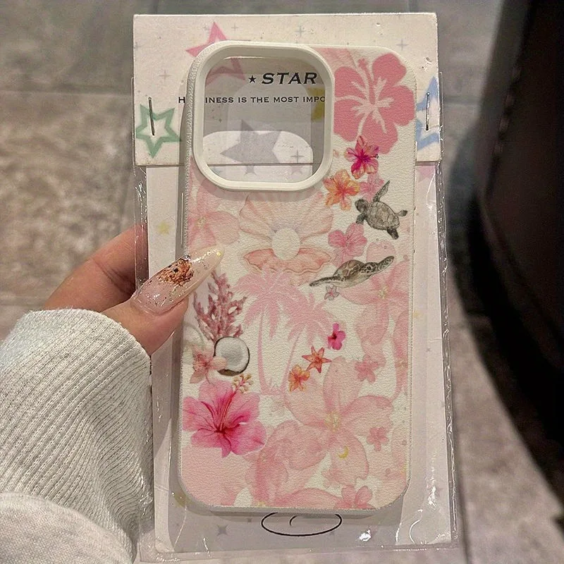 Funda para teléfono con textura de lichi con estampado de flor de hibisco y árbol de coco, adecuada para teléfonos de la serie iPhone 17, 16, 15, Plus, Pro, Max: se puede utilizar como regalo