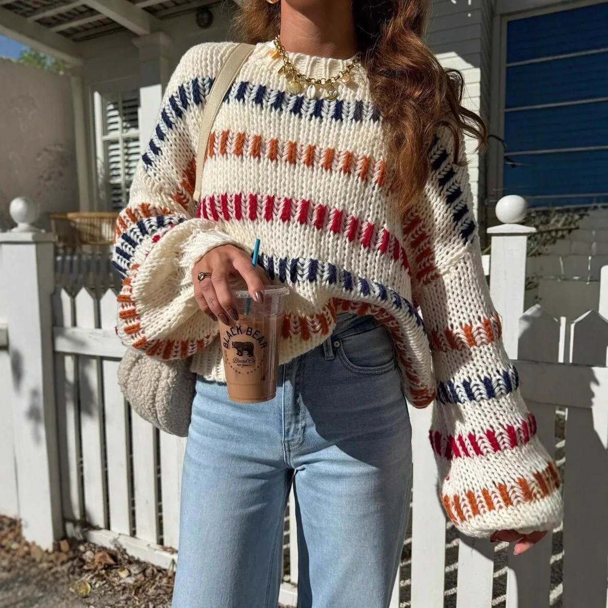 

2026 New Fashionable Printed Knitted Sweater Women In Spring, Casual, Loose Striped, Baty Sleeves, Family Sleeve Top For Women