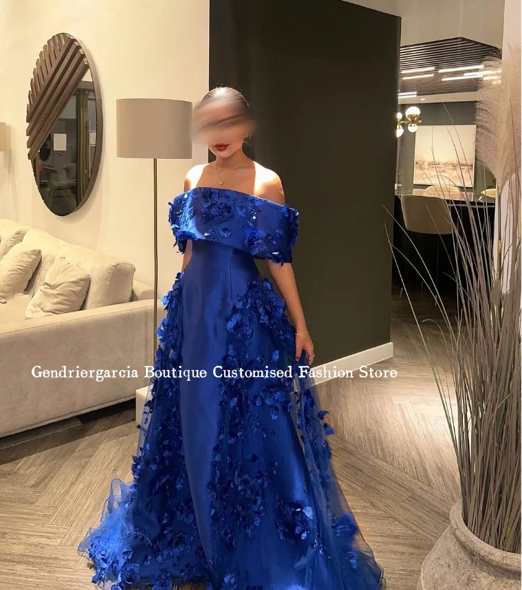 الأحجار الكريمة الأزرق حمالة فساتين لحضور الحفلات الموسيقية رائعة الساتان ثلاثية الأبعاد زهرة البطانة المشاركة ألف خط الطابق طول فساتين السهرة حسب الطلب