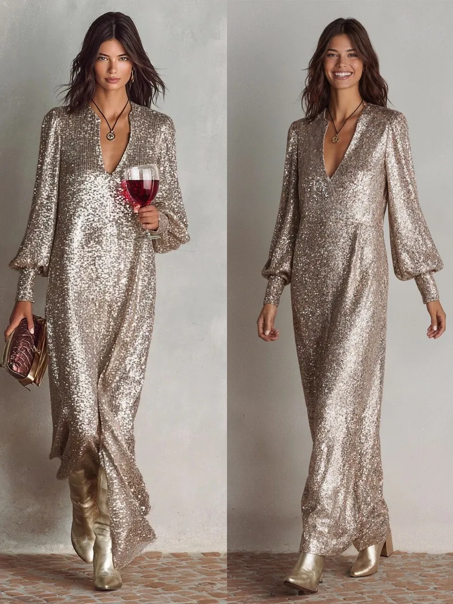 

Сексуальное длинное платье с разрезом и пайетками, женское, повседневное, свободного кроя, с V-образным вырезом, из других материалов