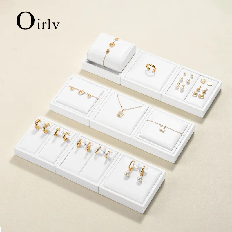 Oirlv White Leather Jewelry Display Set Shop Cabinet Display Props Necklace Display Bust Jewelry Store Ring Earrings Bangle Tray