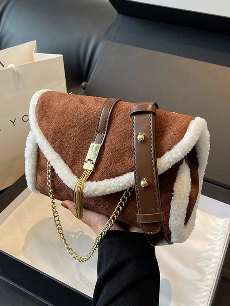 Korean Style Women\'s Plush Shoulder Bags Designer Brand Vintage Flap PU Suede Chain Crossbody Bag 2024 Spring New Purse Hot Sale