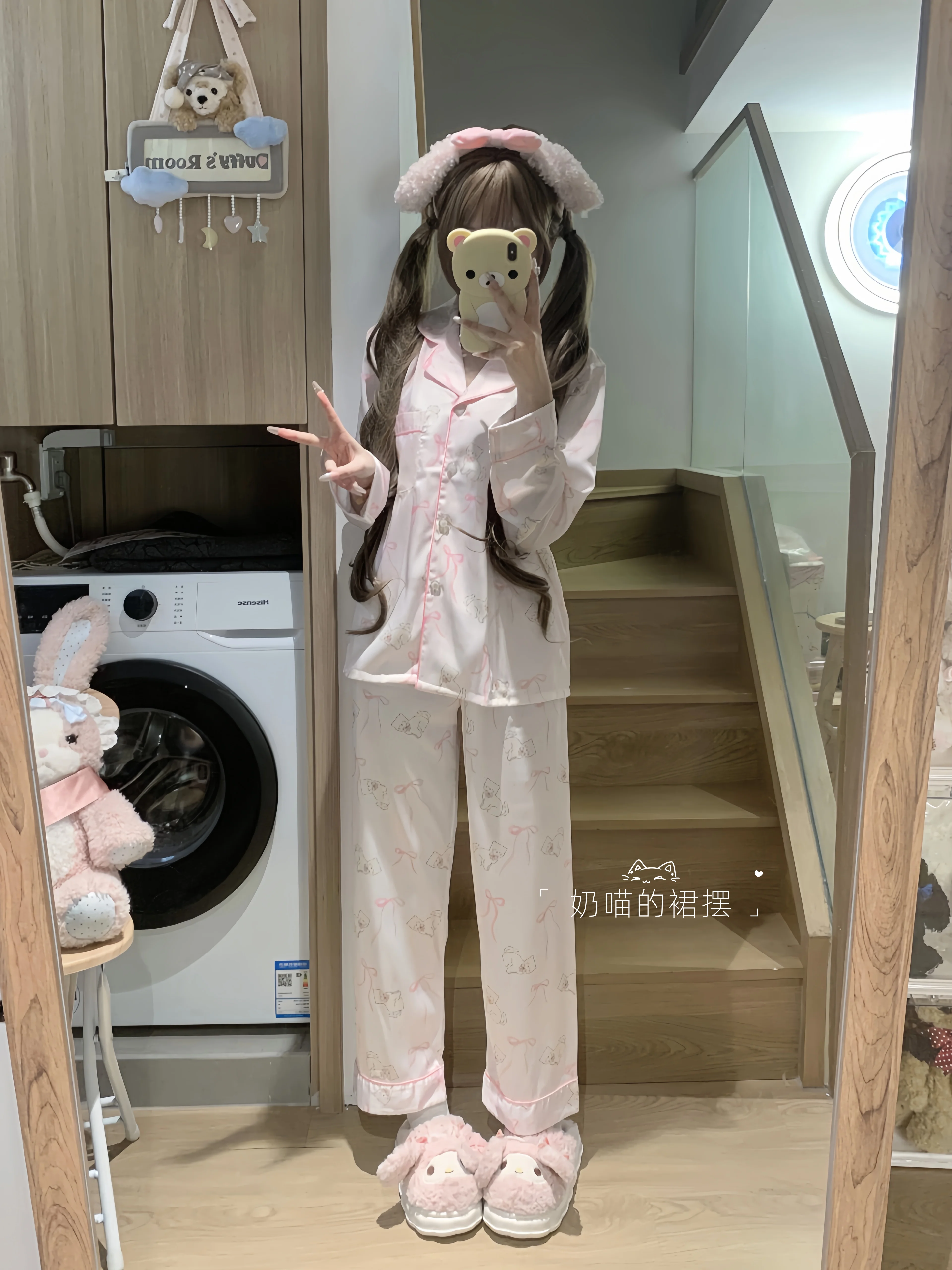 2025 Japanese Summer New Satin Ice Silk Long-sleeved Pajamas Cartoon Print Sweet Cute Girl Doll Loungewear Set
