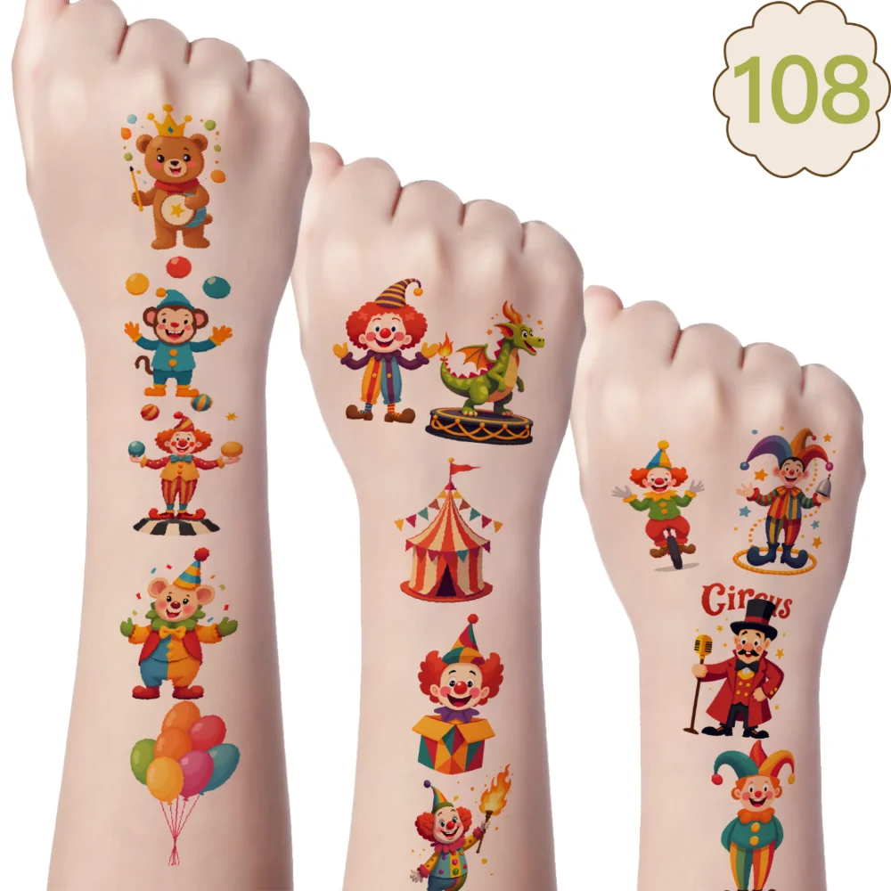 

108pcs Temporary Tattoo Animal Stickers Temporary Tattoo Stickers Circus Stickers Cartoon For Men Women Shoulders