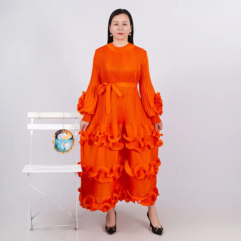 

2023 Summer New Miyake Pleated Midi Dress Solid Color Polo Neck Long Sleeve Decal Loose Dresses of Elegant Women's Clothing