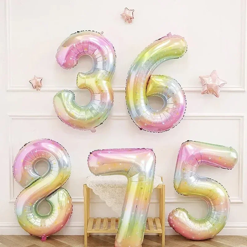 1pc 40 inch gradient rainbow digital foil balloon with stars printed on it for birthday parties, anniversaries,holiday