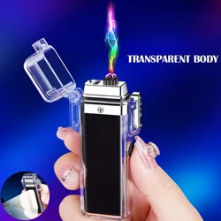 2024 Outdoor Transparent Waterproof Windproof Dual Arc Pulse USB Charging Lighter COB Lighting Battery Display Electric Lighters