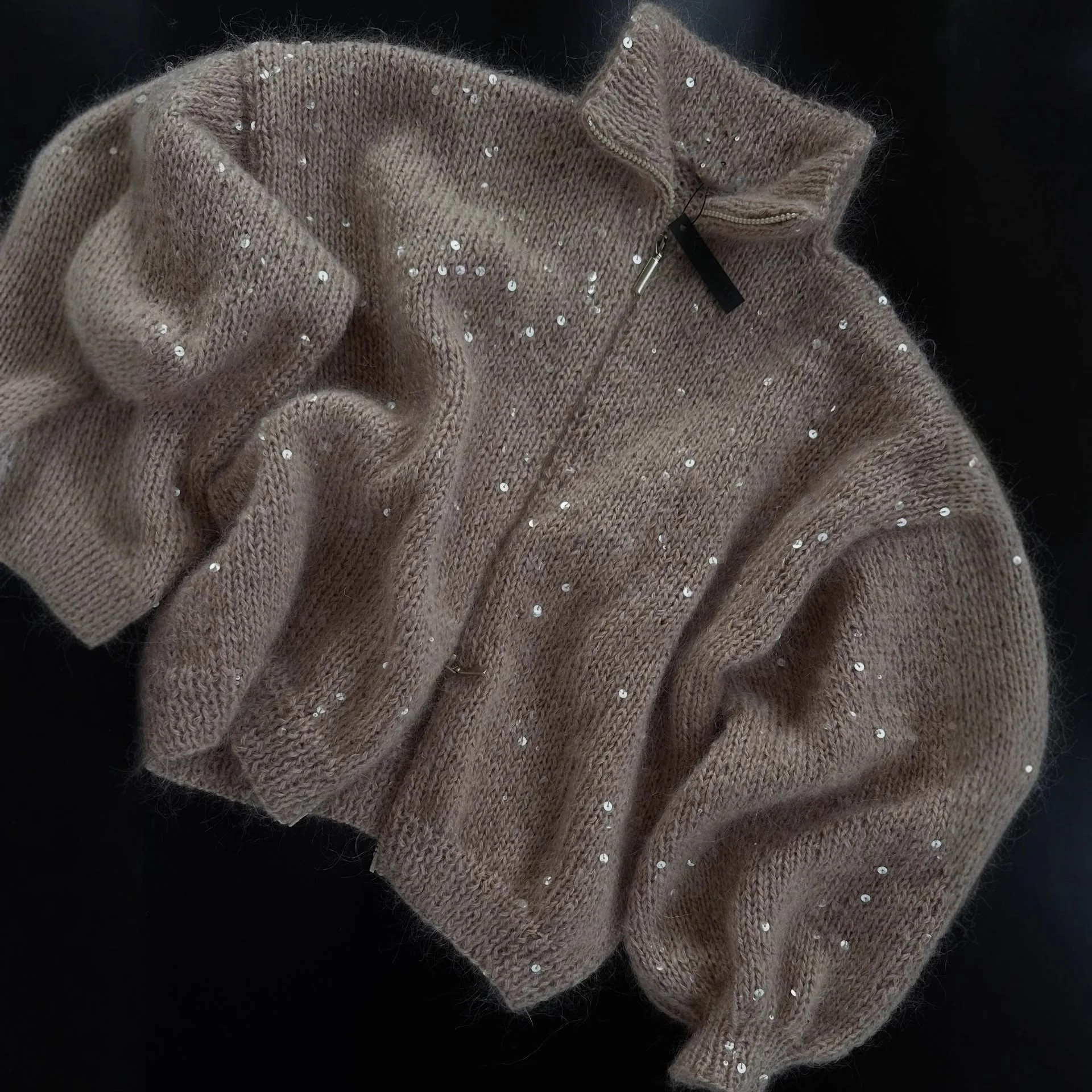 

Ленивый трансграничный стиль, расшитый блестками вязаный кардиган с двойной молнией, женский мягкий, приятный для кожи, модный, свободный, утягивающий, универсальный топ