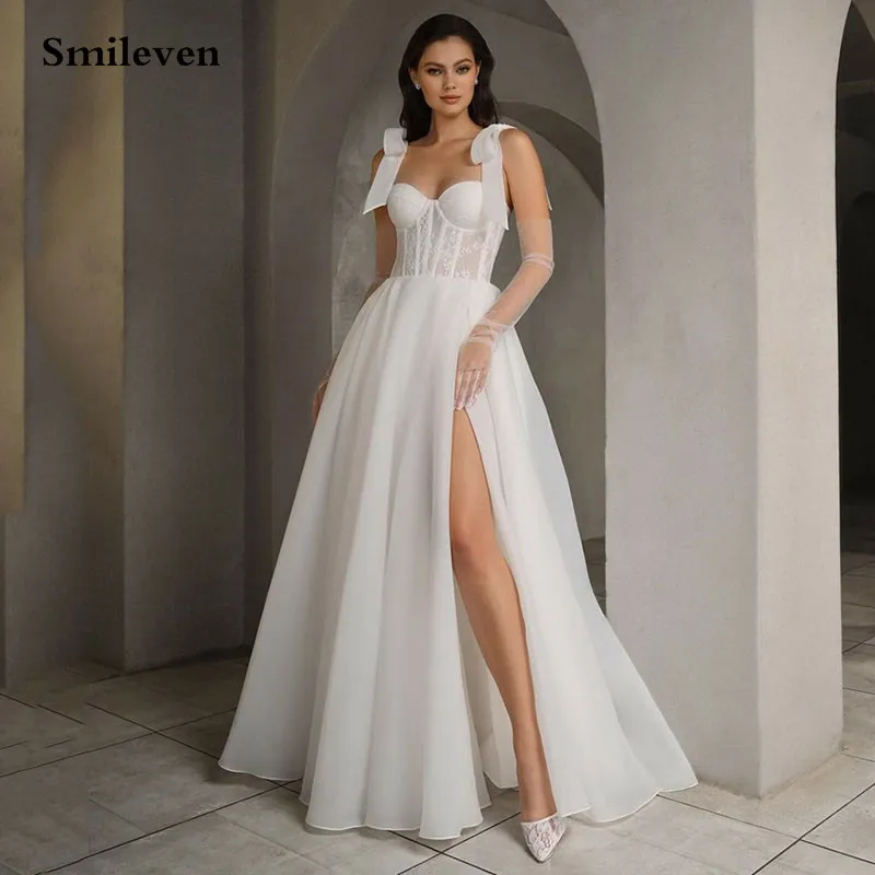 

Smileven Bow Straps Sweetheart Neck Lace Wedding Dresses Side Split Appliques Organza Vestido de novia Wedding Gowns 2024