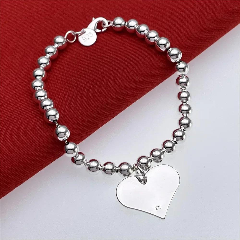Street all-match 925 Sterling Silver fine 6MM Beads Chain Heart Pendant Bracelets for Women fashion party wedding Jewelry gifts