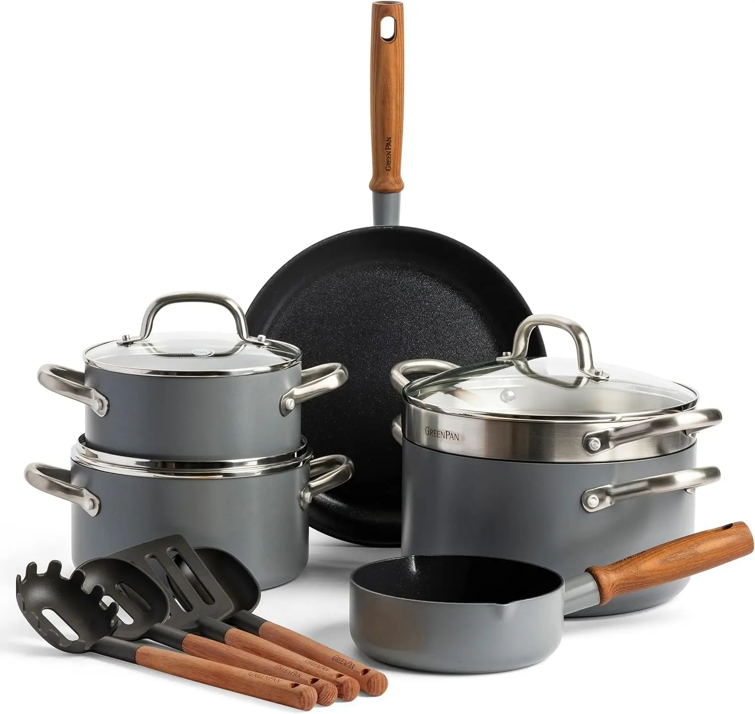 Greenpan Mayflower Pro Hard Anodized Healthy Ceramic Nonstick, 13 Piece Cookware Pots And Pans Set, Vintage Wood Handle,