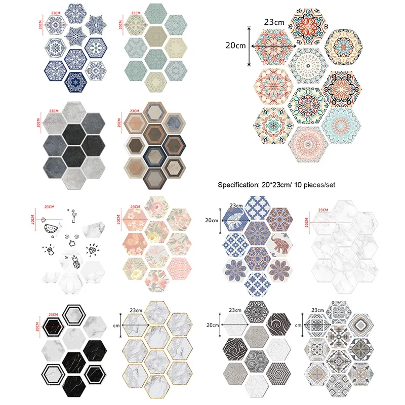10/20PCS Wall Sticker Hexagon Self Adhesive Waterproof Vinyl PVC Floor Tile Wallpaper Sticker Kitchen Bathroom Home Decoration