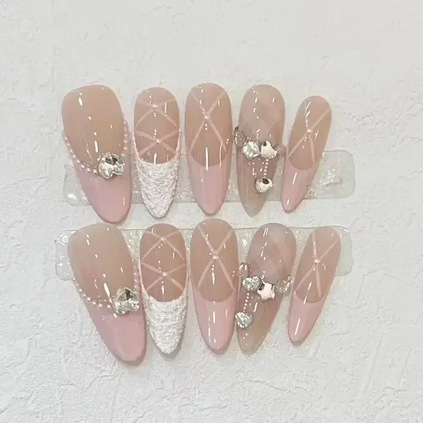 10Pcs French Handmade Almond Press On Nails Ballerina Simple with Rhinestones Wearable False Nails Decoration Fake Nail Tips Art