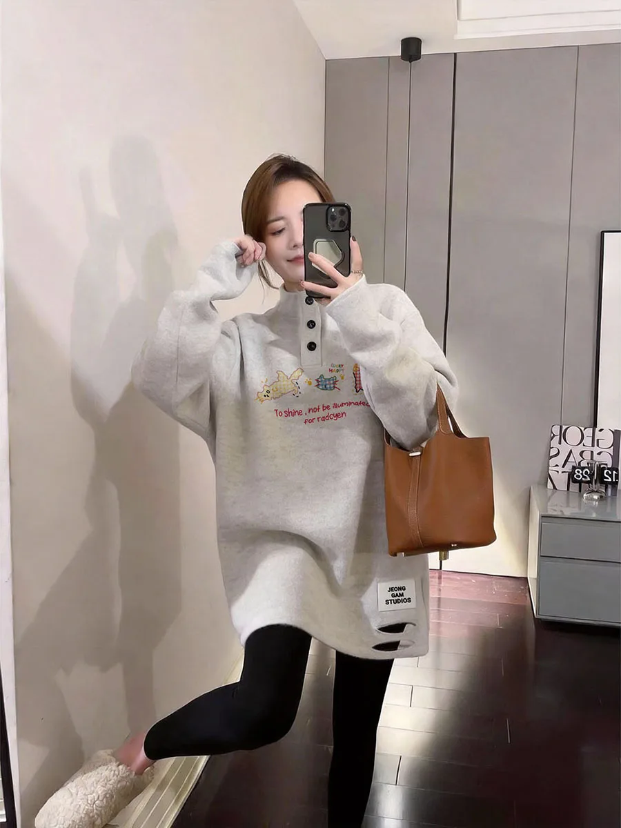 Women's Long Sleeve T-Shirt 2026 New Style Velvet Base Shirt Inner Match Shark Pants Mid-Length Top Butt Covering Trendy