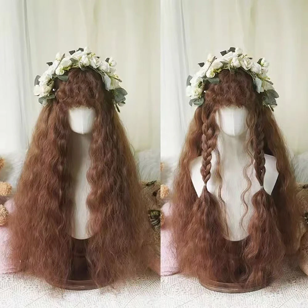 شعر صناعي مموج بطول 80 سم مع غرة، رقيق بشكل طبيعي، مناسب للحفلات اليومية للنساء، باروكات لوليتا للعب الأدوار