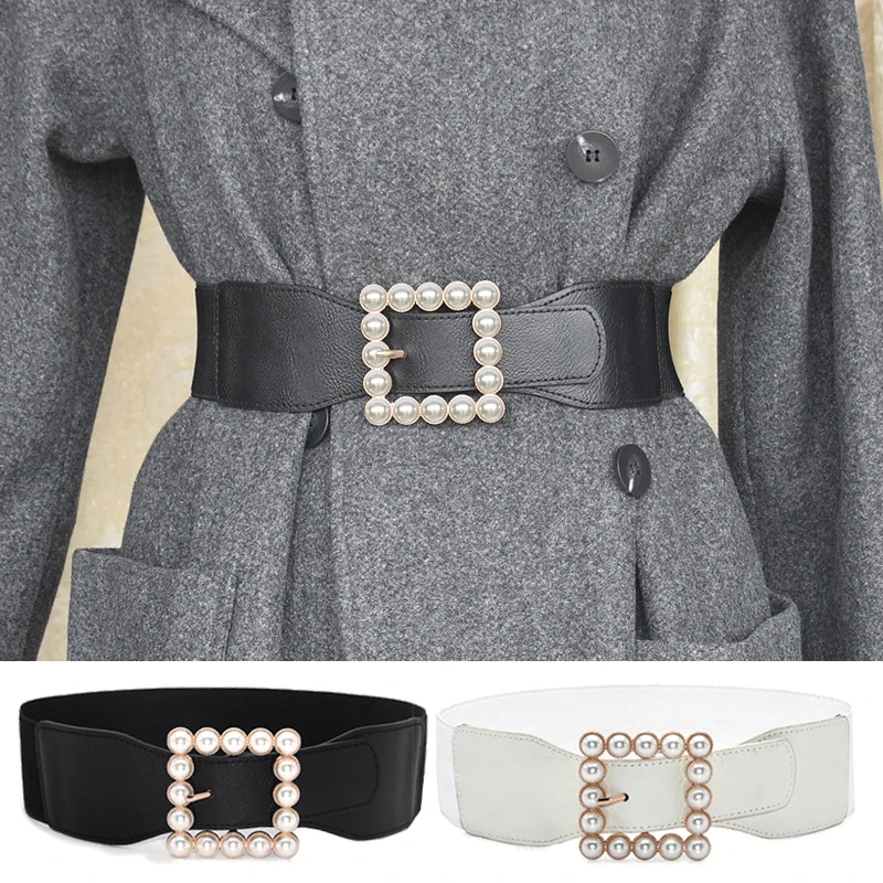 

Dress Coat Waistbands Large Square Pearl Buckle Corset Cummerbunds Luxury Women Stretch Pearl Belt Wide Waist Elastic Belt