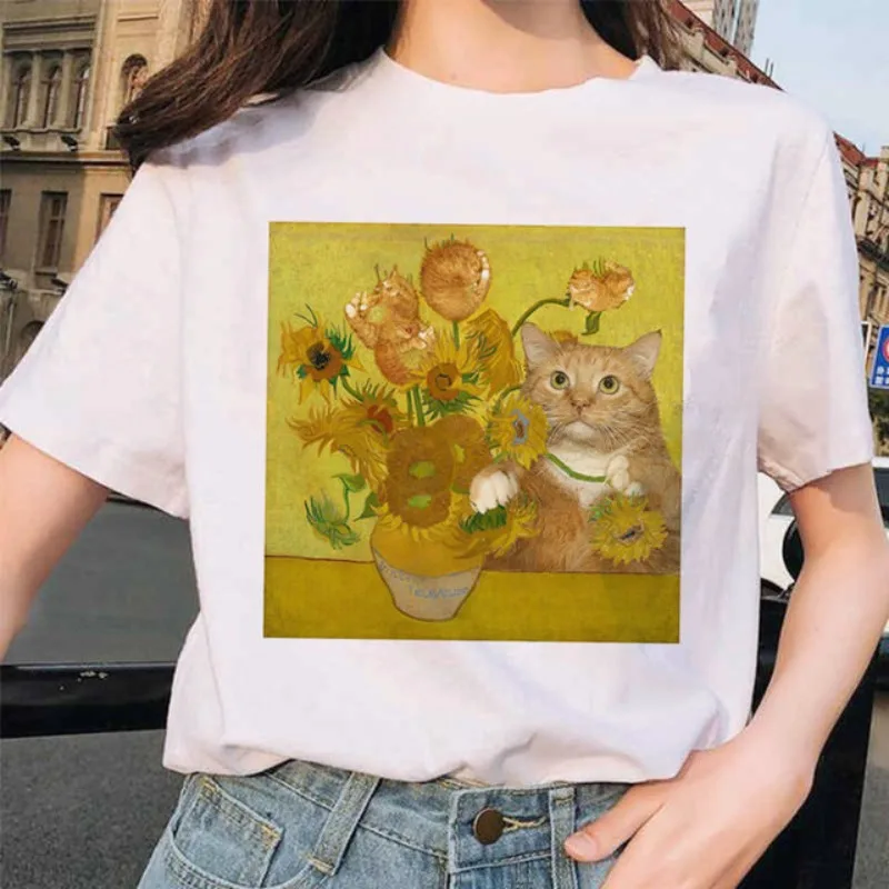 Van Gogh Cat Art Oil Painting Printed Cute T-shirt for Women's Casual  Women's Niche Trend Personalized Parent Child T-shirt