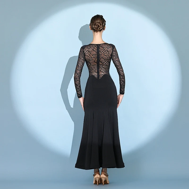 Professional National Standard Dance Clothes Women Dress Modern Ballroom Dance Costume Lady Black Lace Big Swing Dress DN21538