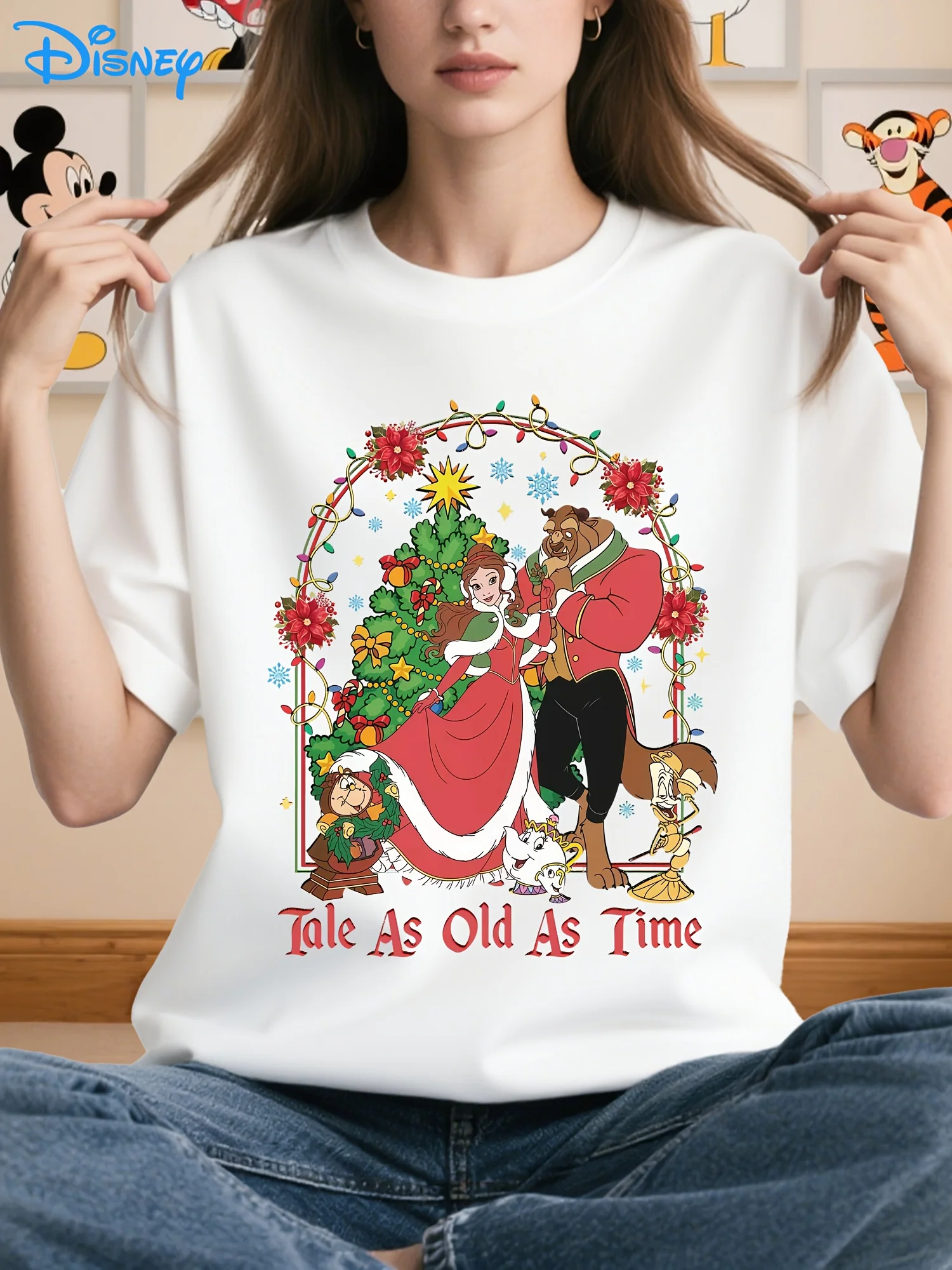 

Disney Beauty and Beast Christmas Bell and Beast Castle Pattern T-shirt - Bell's Magic Rose and Beast Dress Design, Soft Fabric