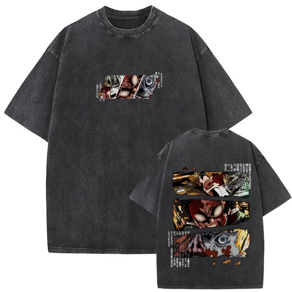 

Vintage Washed Anime Demon Slayer Agatsuma Zenitsu Kamado Tanjirou Hashibira Inosuke Eyes Graphic T-shirt Men Oversized T Shirts