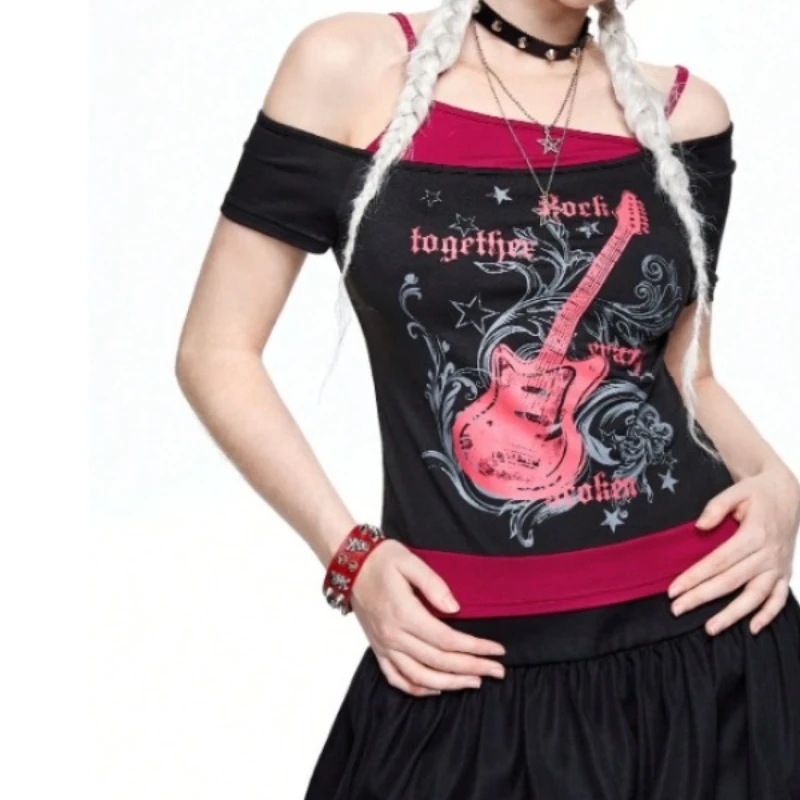 

2026 Y2K Summer Women American Retro Fake Two Piece T Shirt Fashion Print Short Sleeve Trendy Versatile Casual Daily Wear Top
