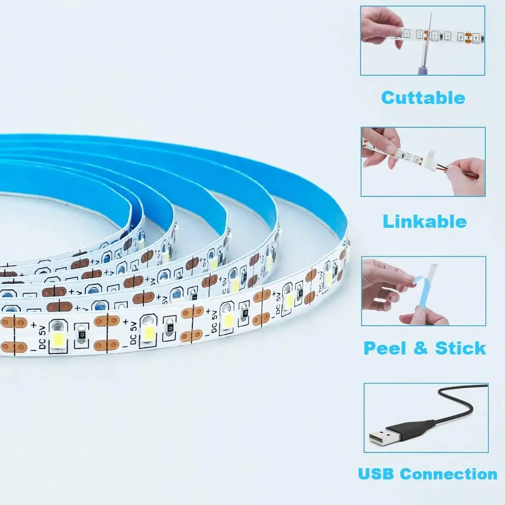 DC 5V USB LED Strip 2835 Putih Hangat Led Strip Cahaya TV Latar Belakang Pencahayaan Pita Dekorasi Rumah Lampu 1M 2M 3M 4M 5M Le