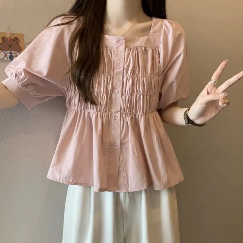 Gentle French Style Square Collar Blouse Female Clothing Solid Color Basic Summer Elegant Puff Sleeve Fashionable Folds Shirts