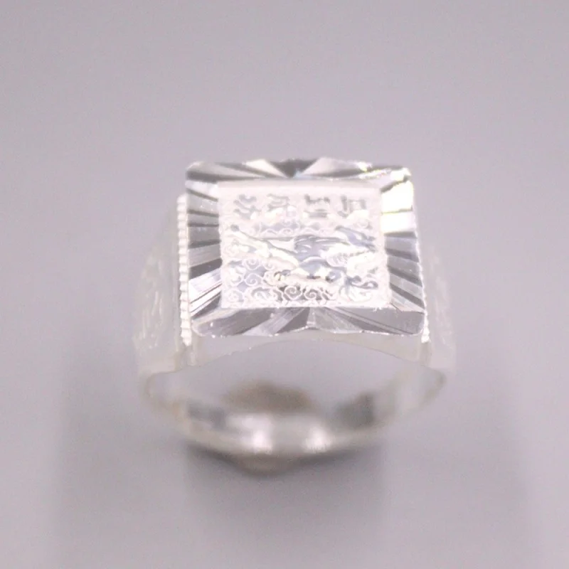 

Real Pure 999 Fine Silver Band Men Lucky Gift 15mm Carved Fu Horse Square Ring 9-10g