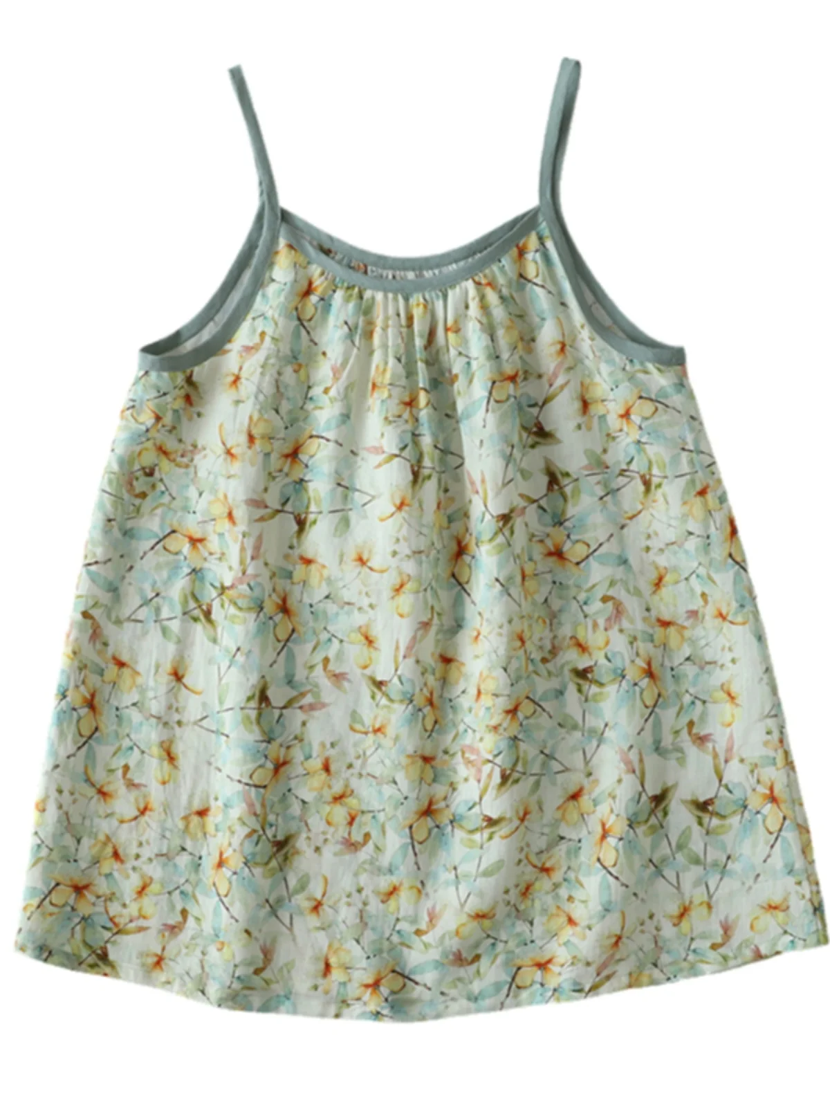 レトロな花柄麻素材トップス レディース ゆったり カジュアル インナーウェア 夏 2025 通勤 スタイル レギュラー丈 植物柄プリント