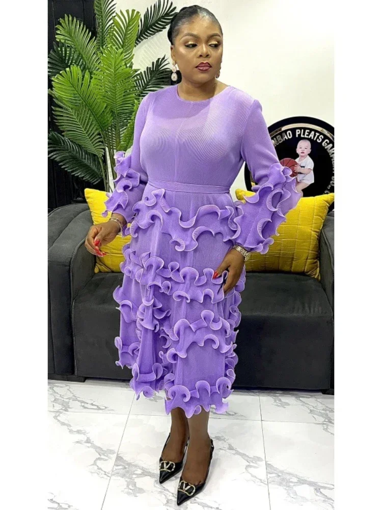 

Belt Pleated Dress Fashion Round Neck Long Sleeves Fungus Spliced Solid Elegant Dresses for Women 2025 New Fashion Hot Sales